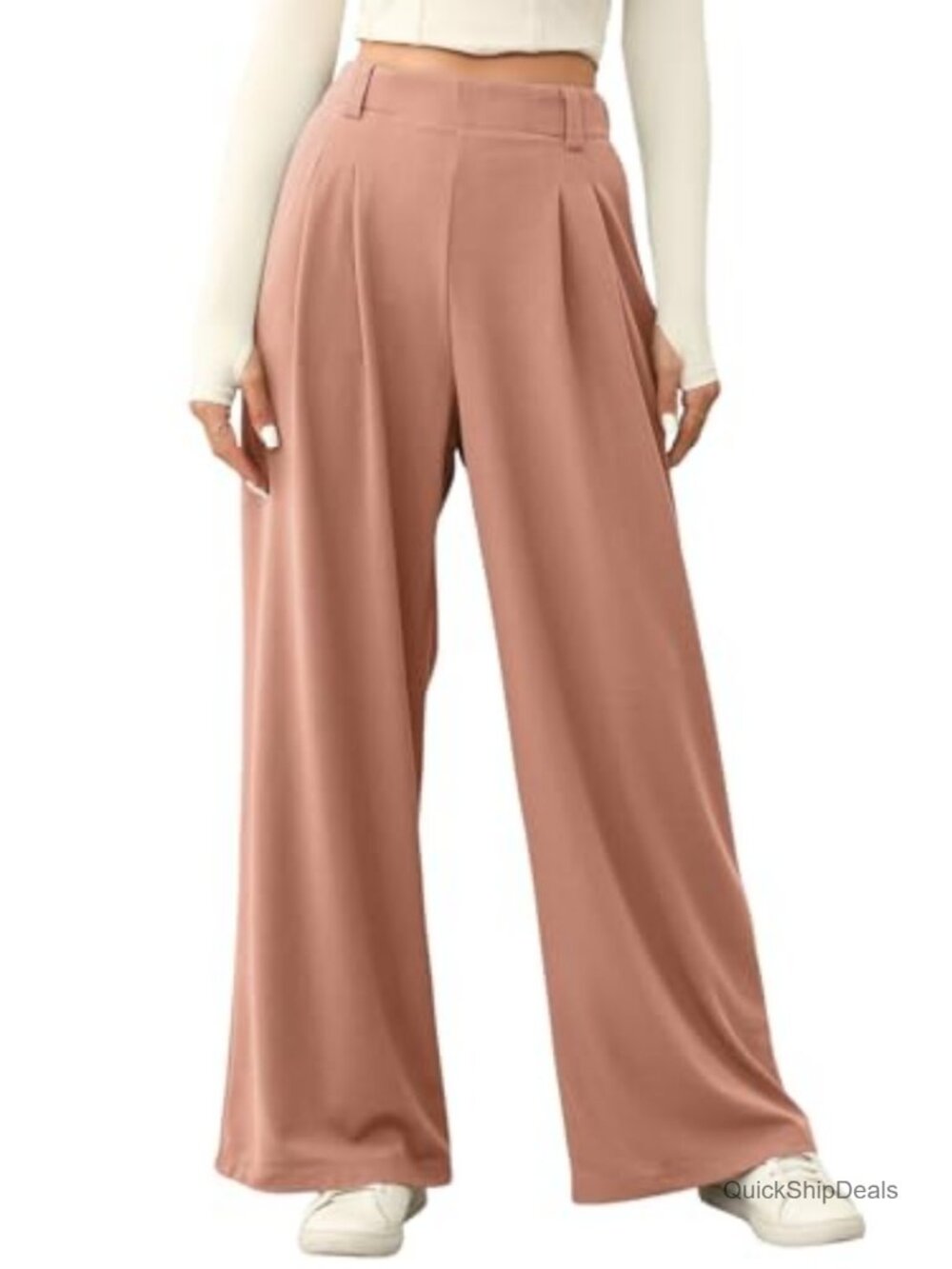 Wide Leg Waffle Knit Pants High Waisted Pleated with Pockets